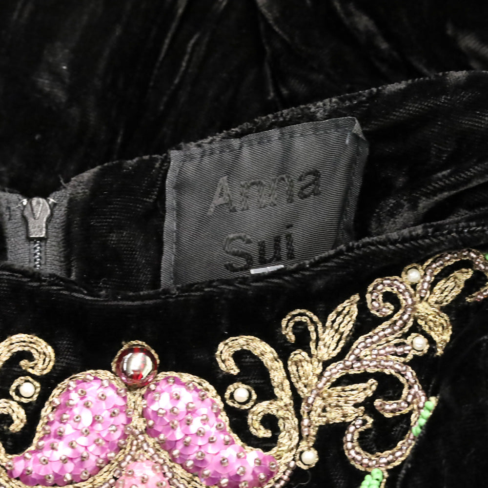 Anna Sui Black Velvet Bead Sequin Embroidered Flare Sleeve High-Low Maxi Dress