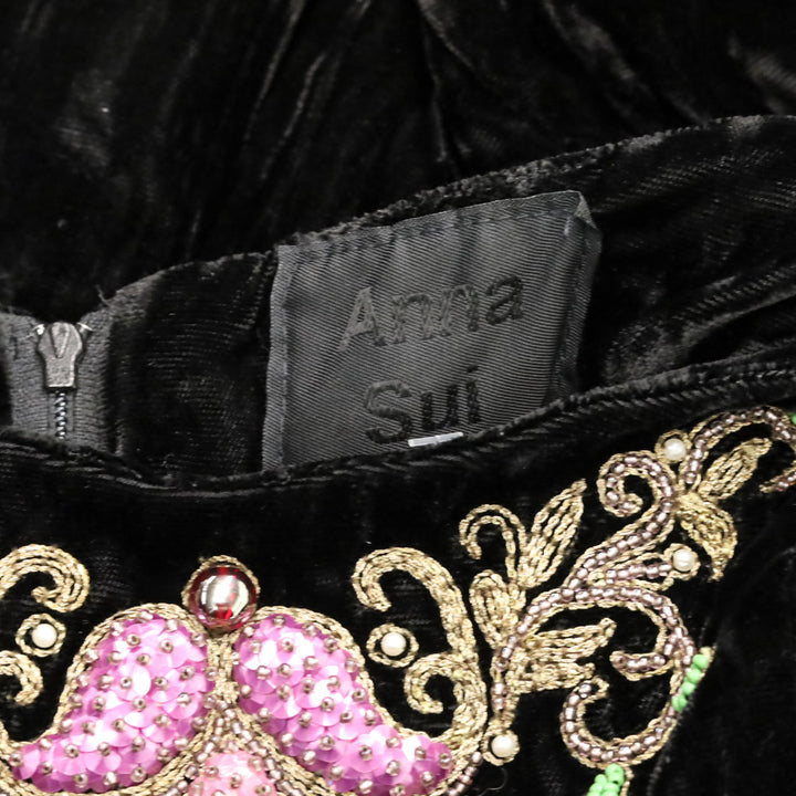 Anna Sui Black Velvet Bead Sequin Embroidered Flare Sleeve High-Low Maxi Dress