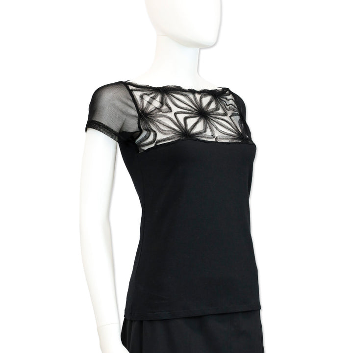 Anne Fontaine Black Cotton T-Shirt with Floral Lace Panel