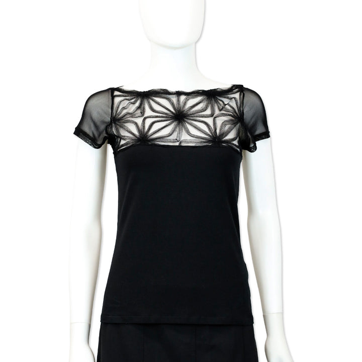 Anne Fontaine Black Cotton T-Shirt with Floral Lace Panel