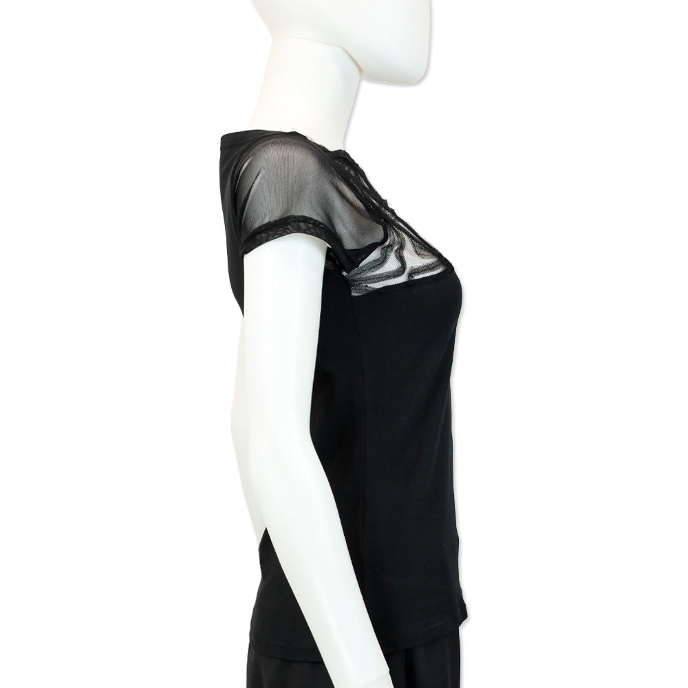 Anne Fontaine Black Cotton T-Shirt with Floral Lace Panel