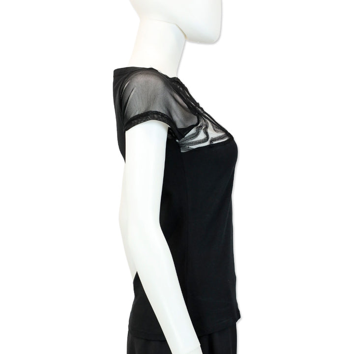 Anne Fontaine Black Cotton T-Shirt with Floral Lace Panel