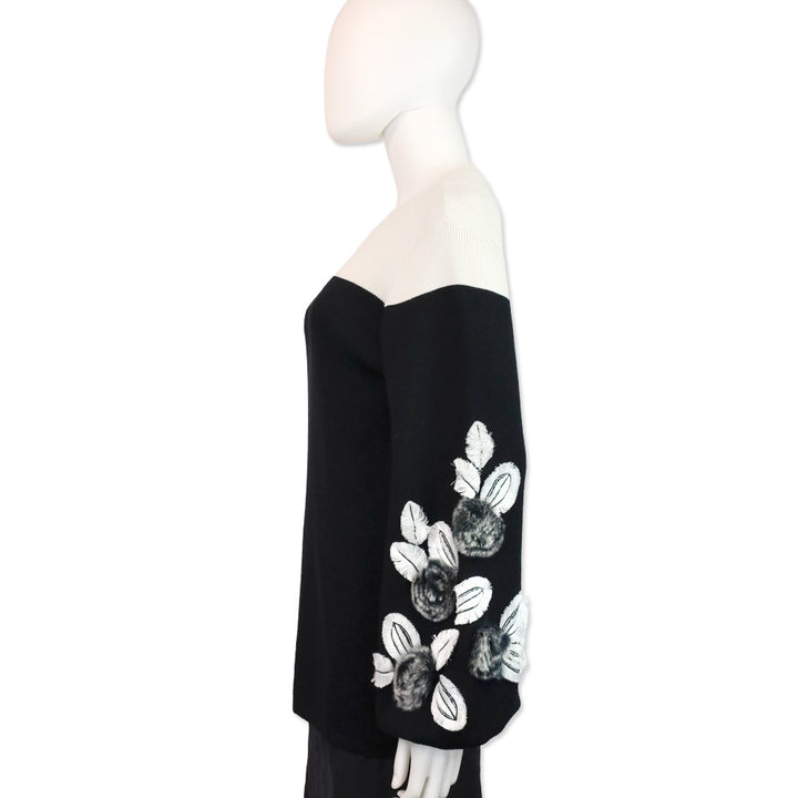 Anne Fontaine Clarinette Black Long Sleeve Turtleneck Sweater With Oversized Floral Details