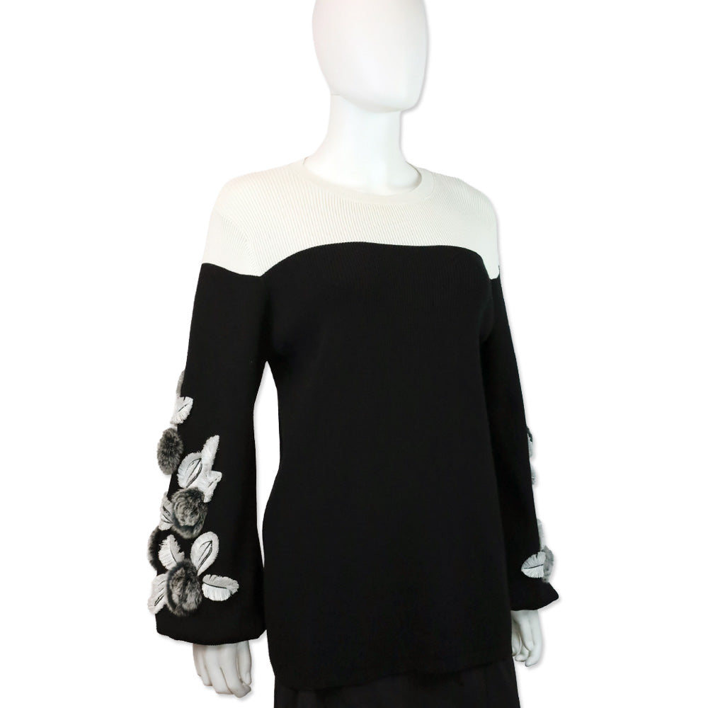 Anne Fontaine Clarinette Black Long Sleeve Turtleneck Sweater With Oversized Floral Details