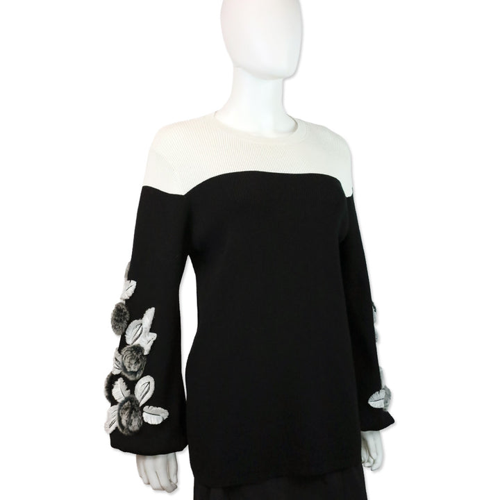 Anne Fontaine Clarinette Black Long Sleeve Turtleneck Sweater With Oversized Floral Details