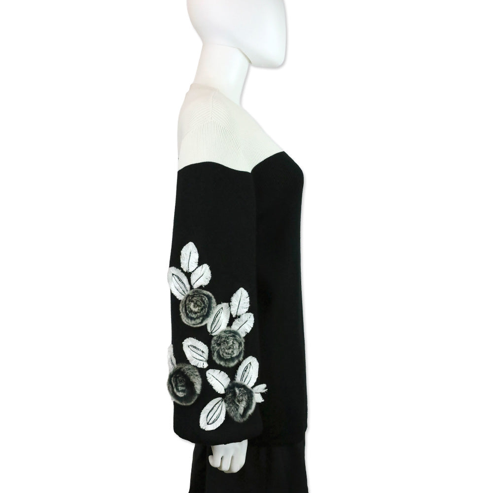 Anne Fontaine Clarinette Black Long Sleeve Turtleneck Sweater With Oversized Floral Details