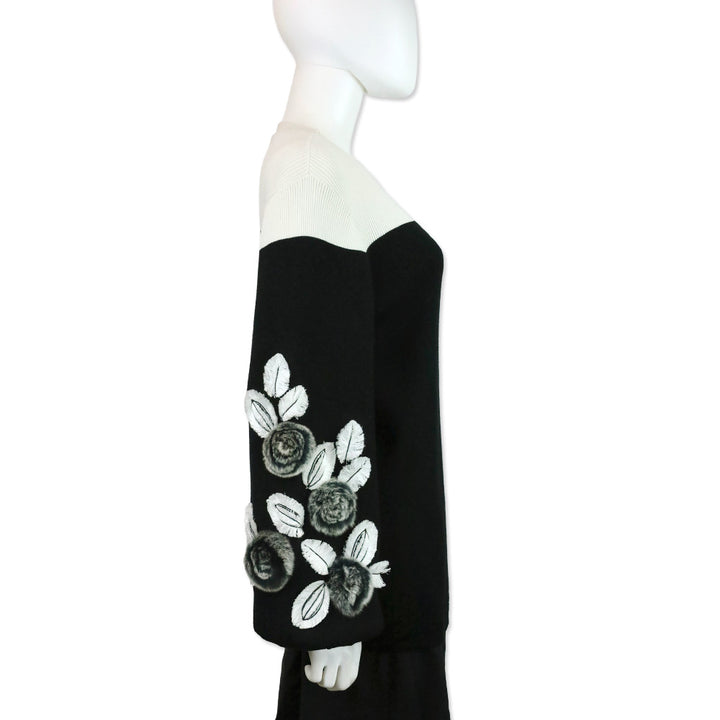 Anne Fontaine Clarinette Black Long Sleeve Turtleneck Sweater With Oversized Floral Details
