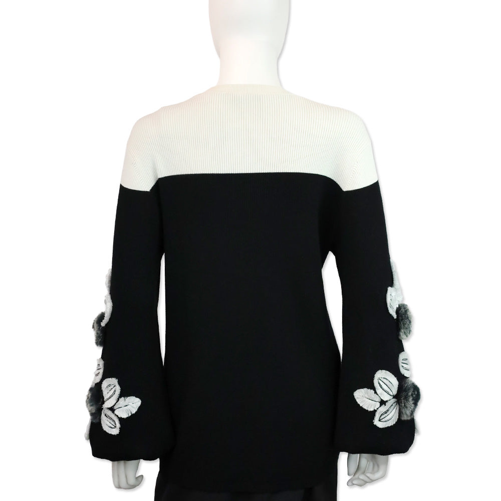 Anne Fontaine Clarinette Black Long Sleeve Turtleneck Sweater With Oversized Floral Details