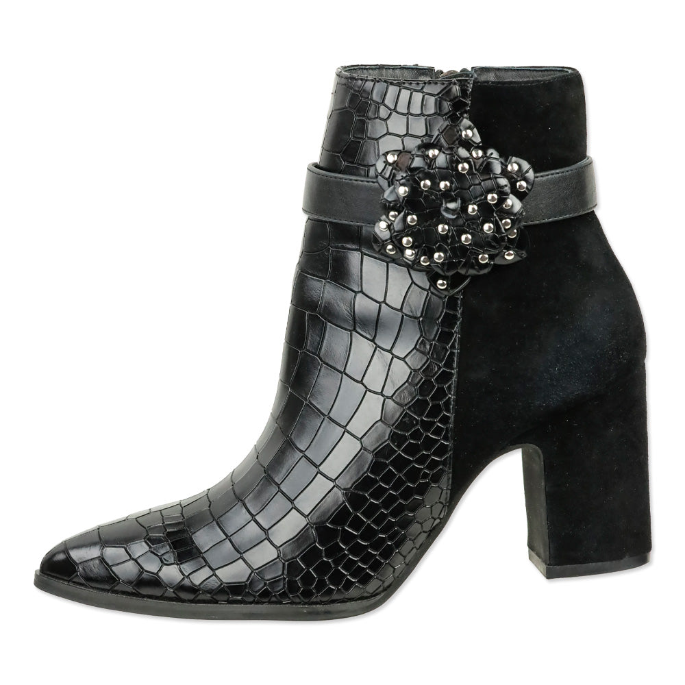 Anne Fontaine Jason-Croco Black Leather Croc and Suede Ankle Boots