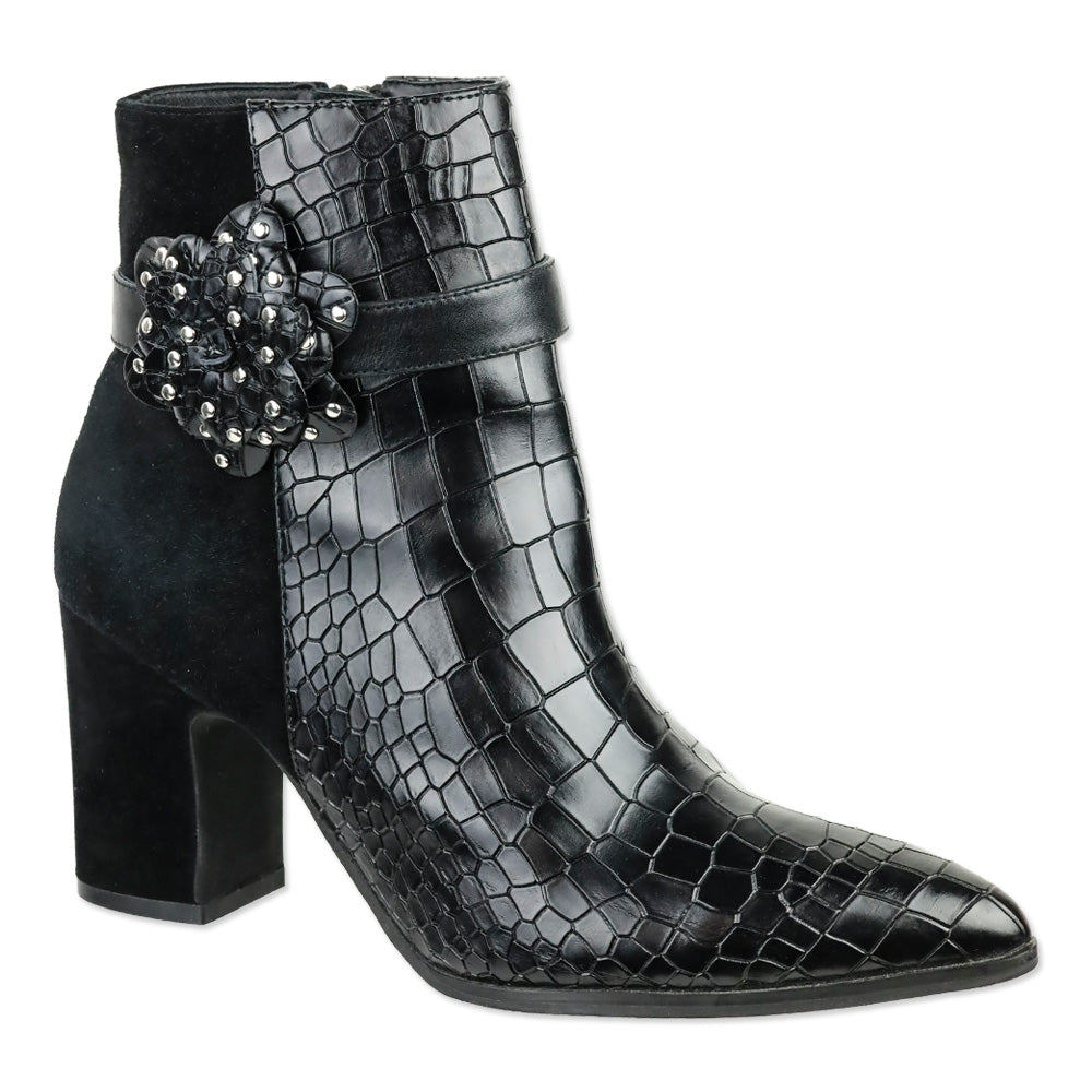 Anne Fontaine Jason-Croco Black Leather Croc and Suede Ankle Boots