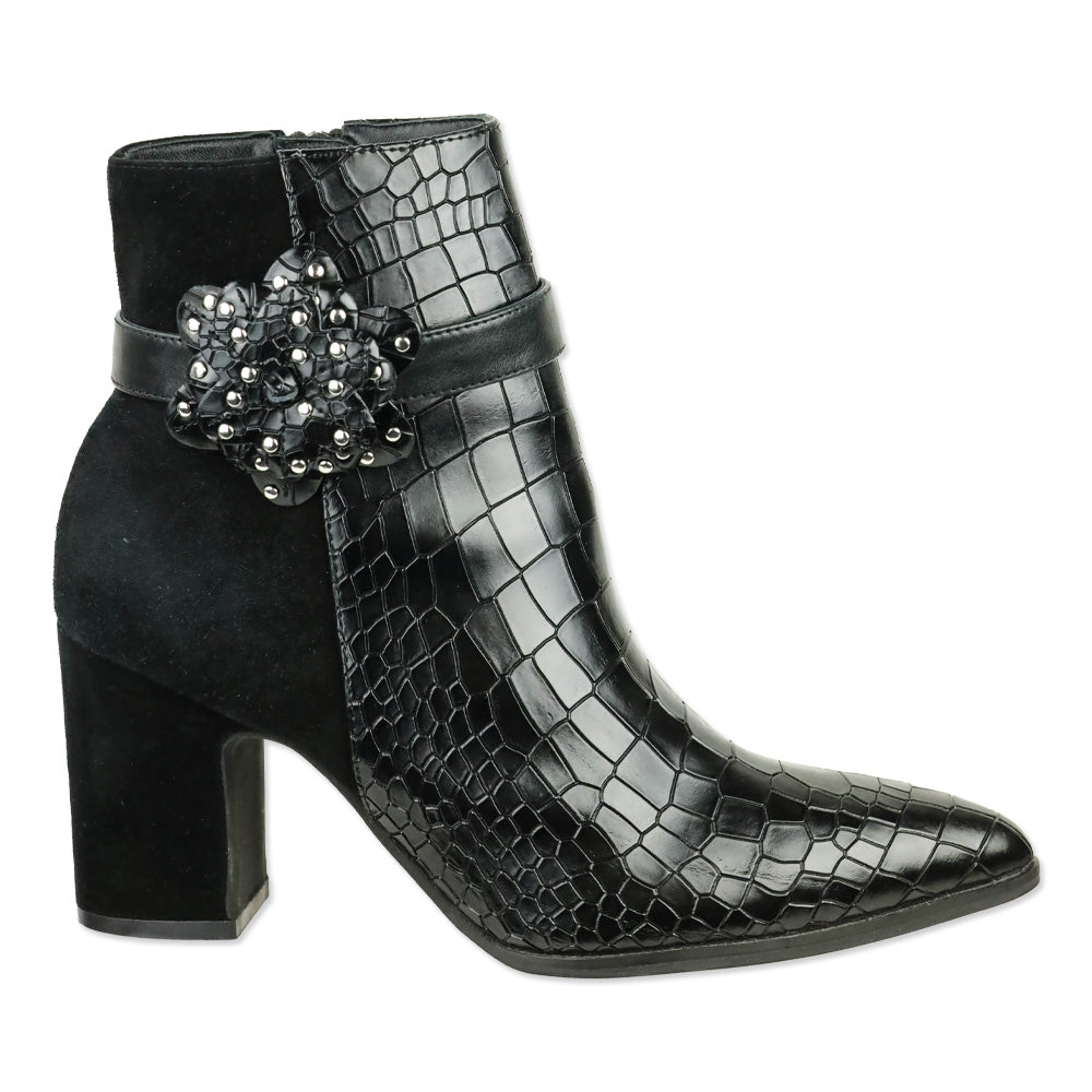Anne Fontaine Jason-Croco Black Leather Croc and Suede Ankle Boots