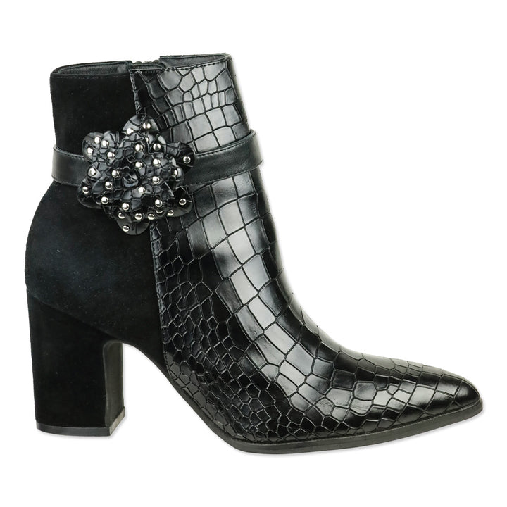 Anne Fontaine Jason-Croco Black Leather Croc and Suede Ankle Boots