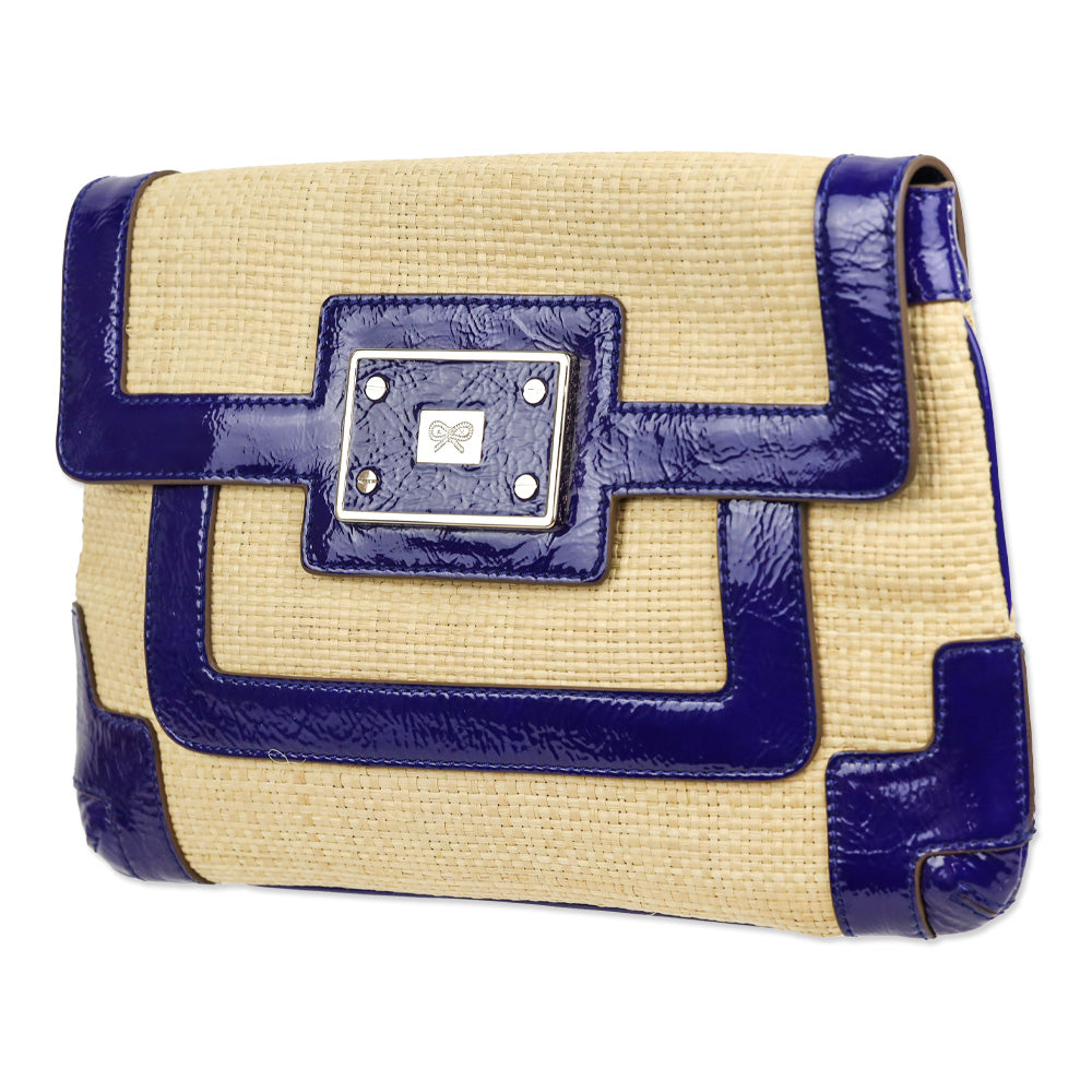 Anya Hindmarch Woven Raffia/Blue Crinkle Patent Leather Clutch