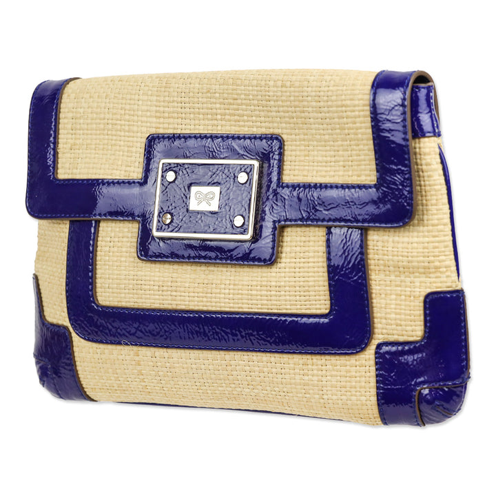 Anya Hindmarch Woven Raffia/Blue Crinkle Patent Leather Clutch
