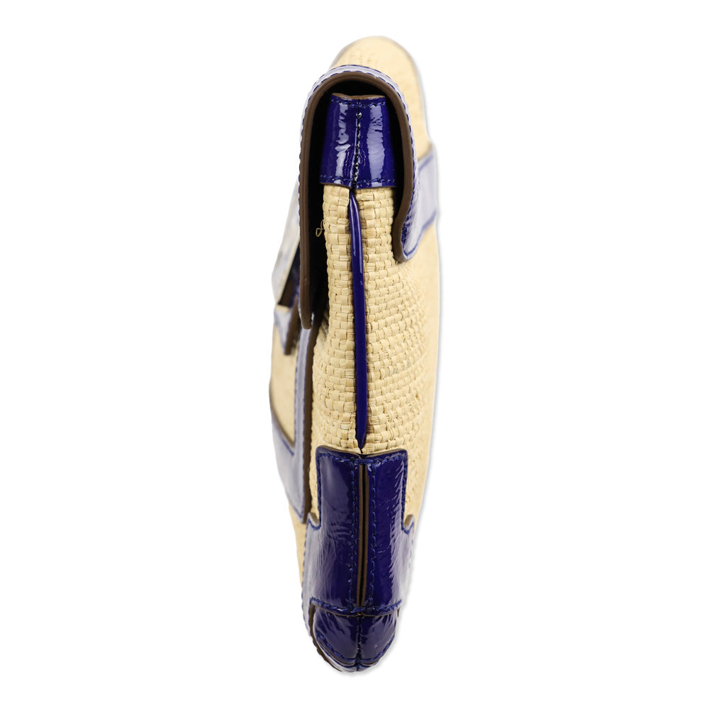 Anya Hindmarch Woven Raffia/Blue Crinkle Patent Leather Clutch