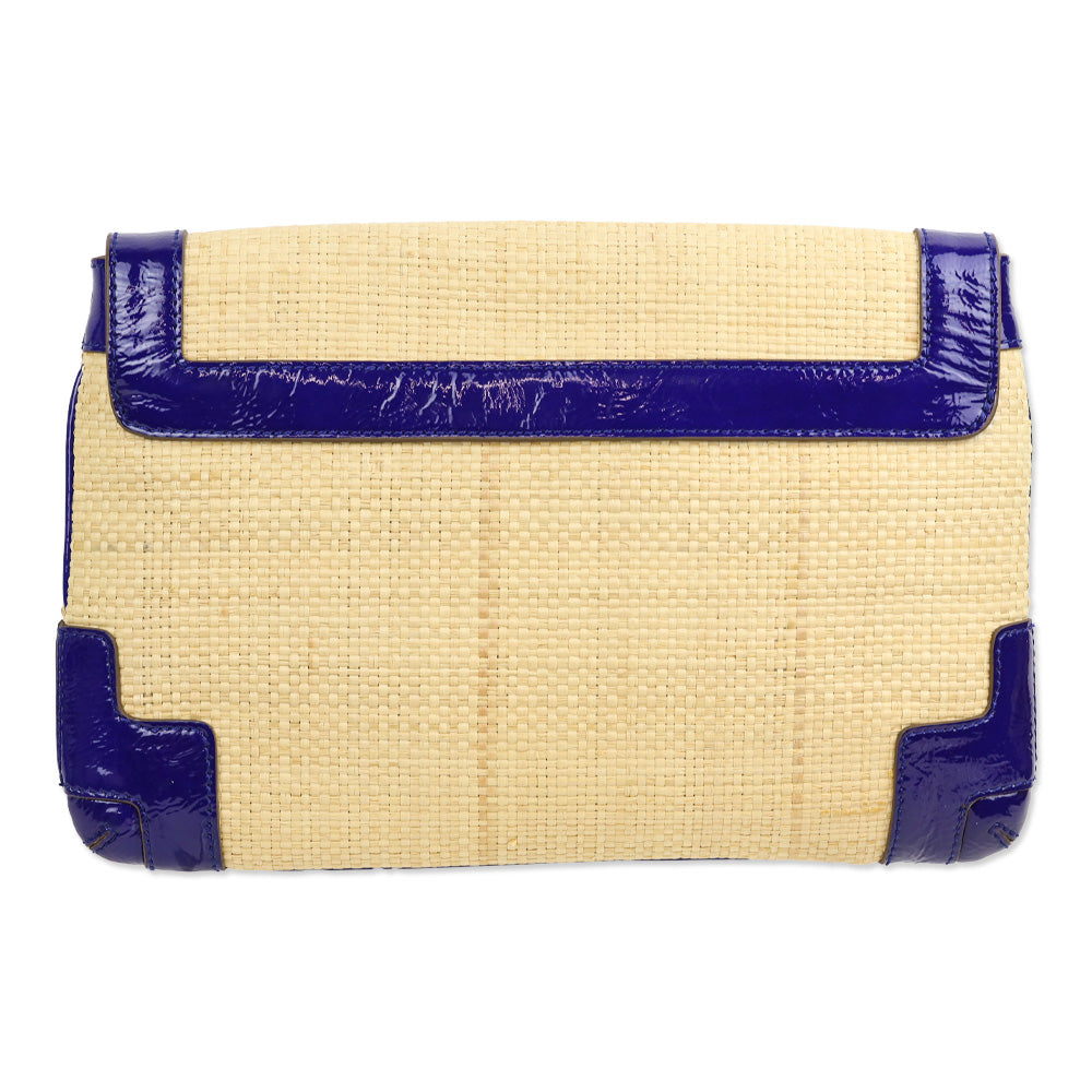 Anya Hindmarch Woven Raffia/Blue Crinkle Patent Leather Clutch