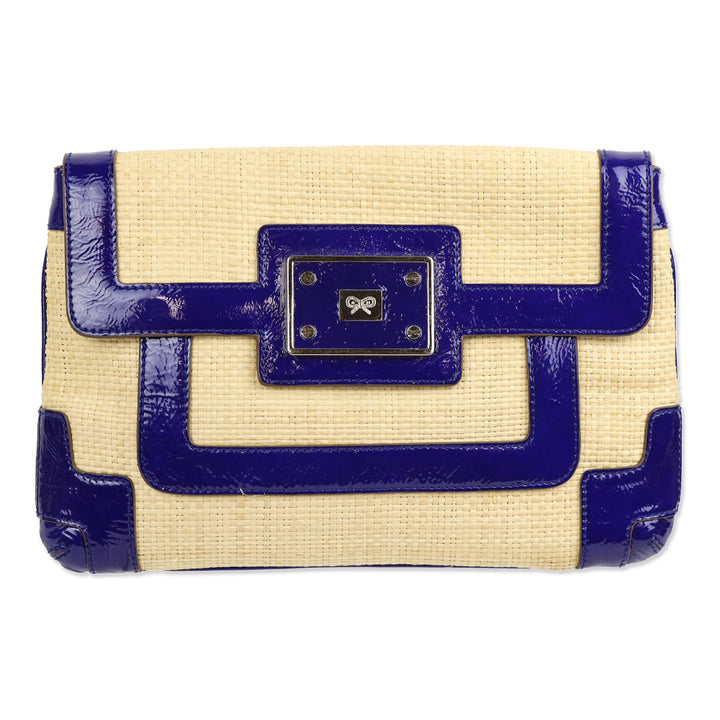 Anya Hindmarch Woven Raffia/Blue Crinkle Patent Leather Clutch