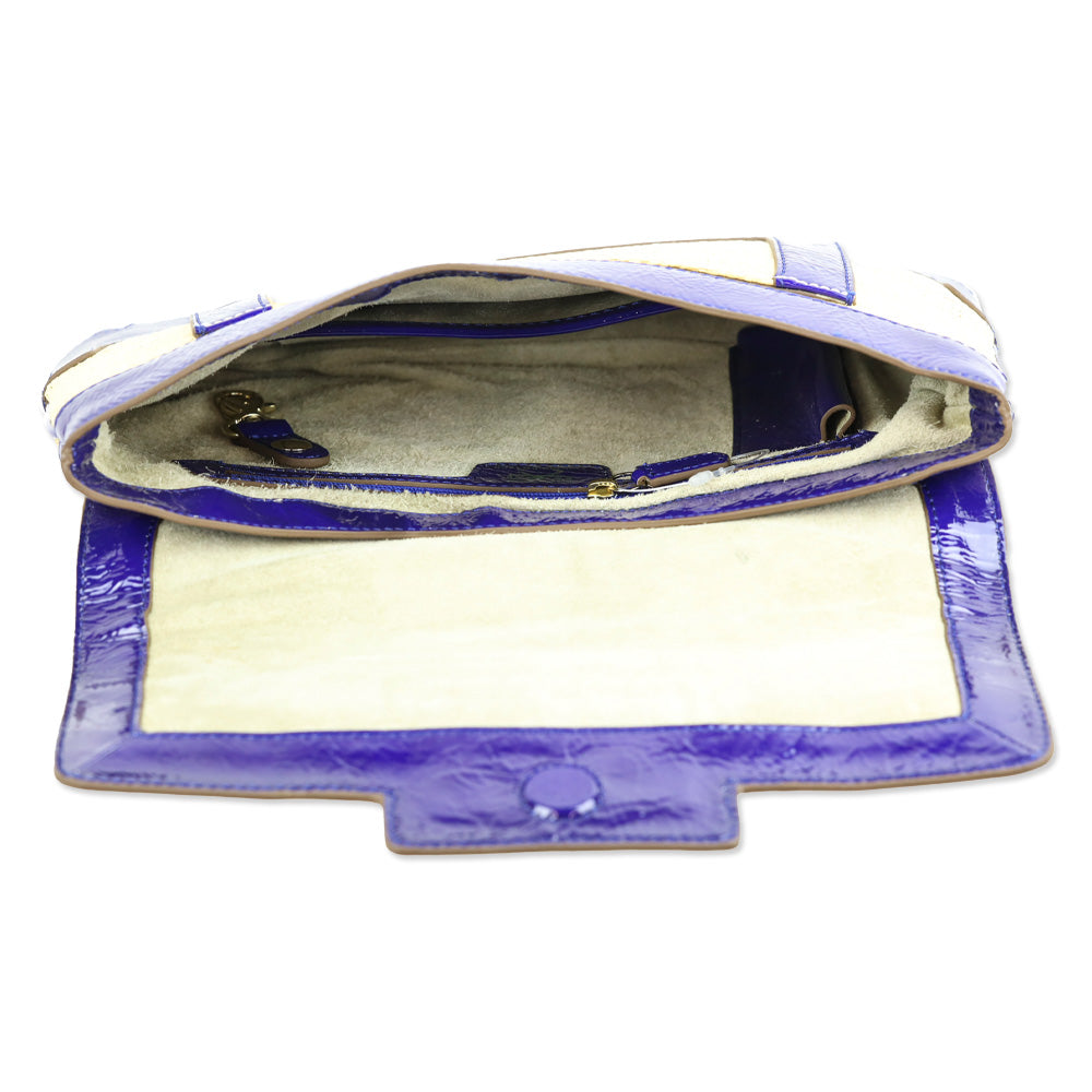 Anya Hindmarch Woven Raffia/Blue Crinkle Patent Leather Clutch