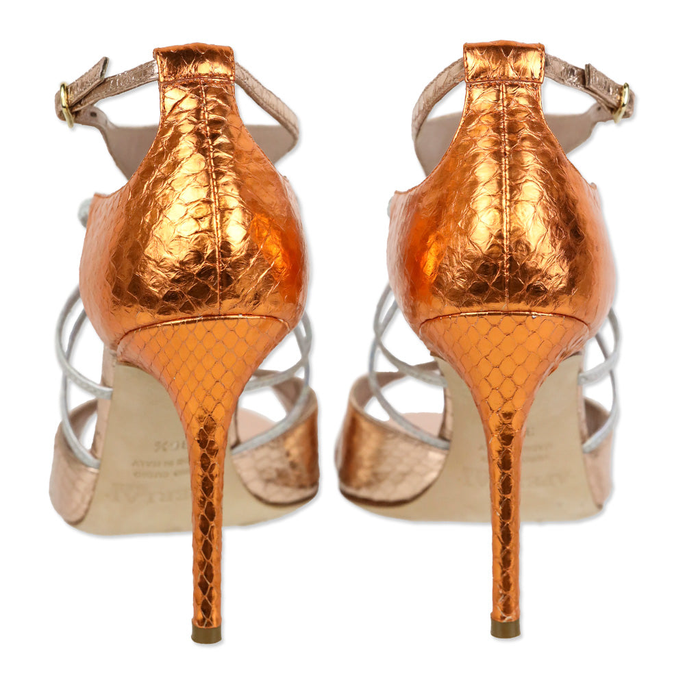 Aperlai Orange/Rose Gold/Iridiscent Metallic Snakeskin D'Orsay Sandal