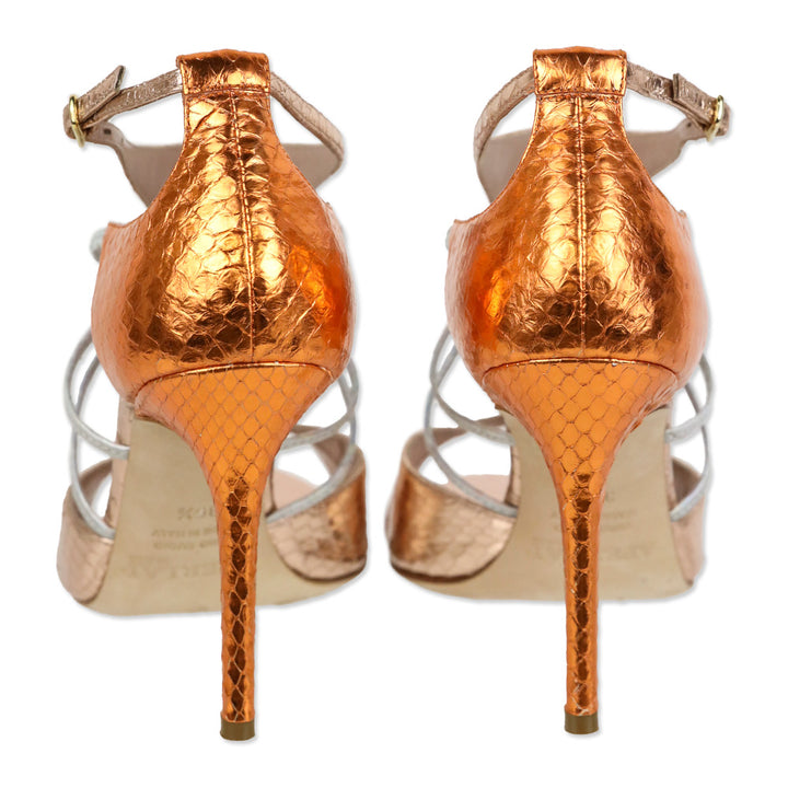 Aperlai Orange/Rose Gold/Iridiscent Metallic Snakeskin D'Orsay Sandal