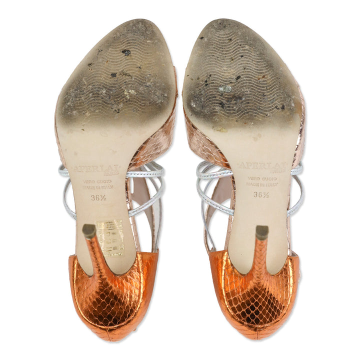 Aperlai Orange/Rose Gold/Iridiscent Metallic Snakeskin D'Orsay Sandal