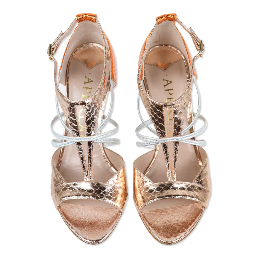 Aperlai Orange/Rose Gold/Iridiscent Metallic Snakeskin D'Orsay Sandal