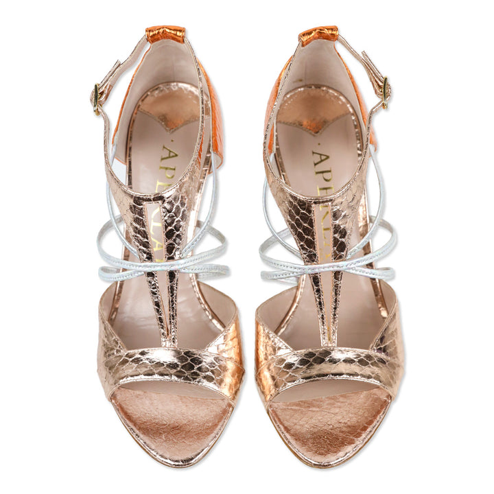 Aperlai Orange/Rose Gold/Iridiscent Metallic Snakeskin D'Orsay Sandal