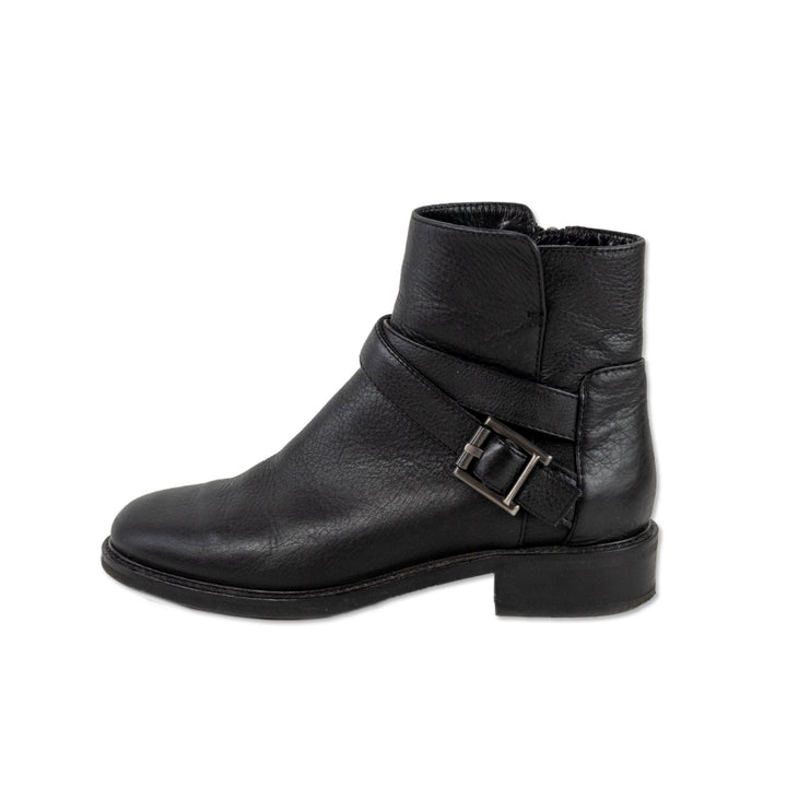 Aquatalia Black Leather Ankle Boots with Silver Buckle