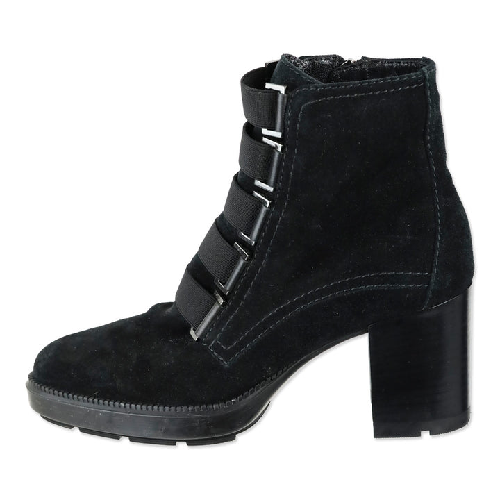 Aquatalia Black Suede Faux Elastic Vamp Strap Ankle Boot
