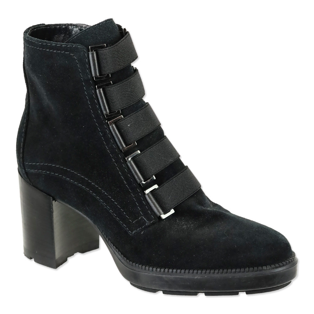 Aquatalia Black Suede Faux Elastic Vamp Strap Ankle Boot
