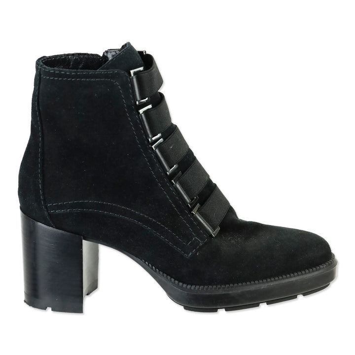 Aquatalia Black Suede Faux Elastic Vamp Strap Ankle Boot