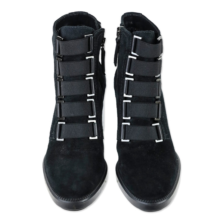 Aquatalia Black Suede Faux Elastic Vamp Strap Ankle Boot