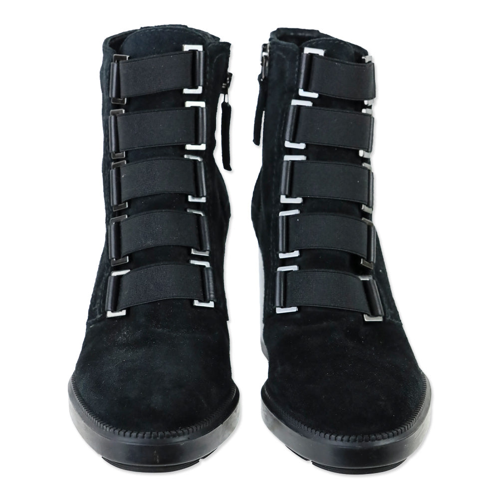 Aquatalia Black Suede Faux Elastic Vamp Strap Ankle Boot