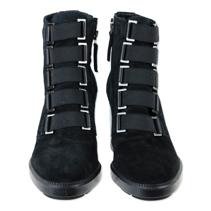 Aquatalia Black Suede Faux Elastic Vamp Strap Ankle Boot
