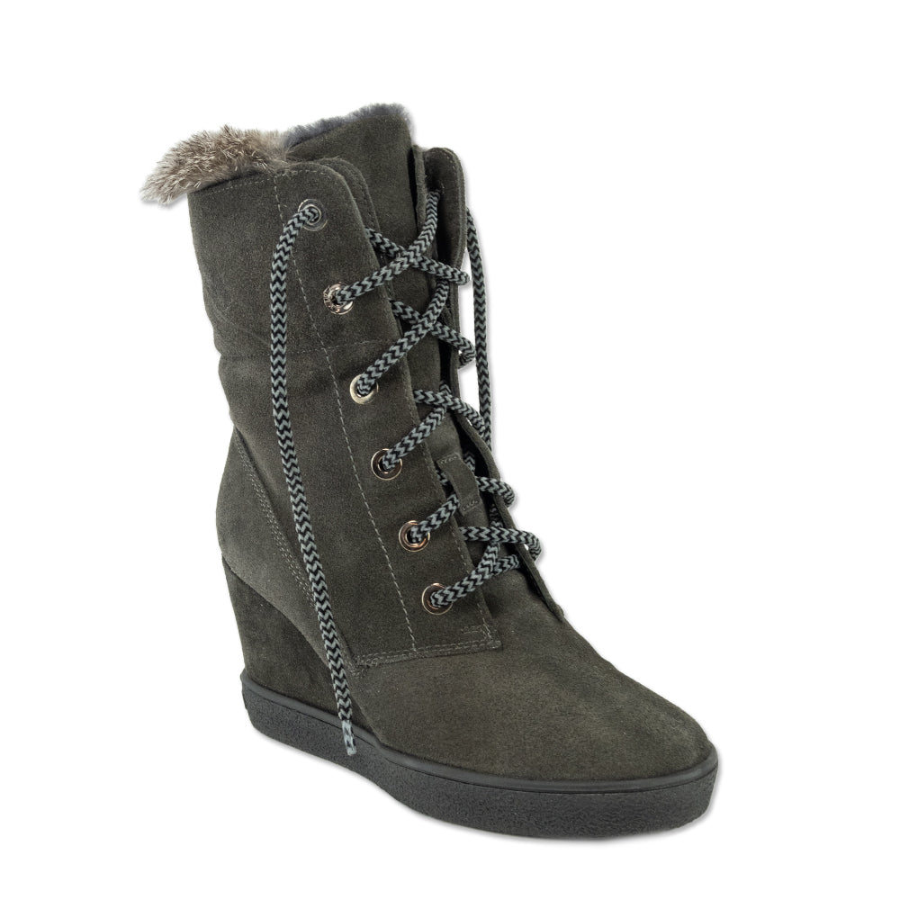 Aquatalia Cordelia Grey Suede Rabbit Fur Collar Wedge Boot