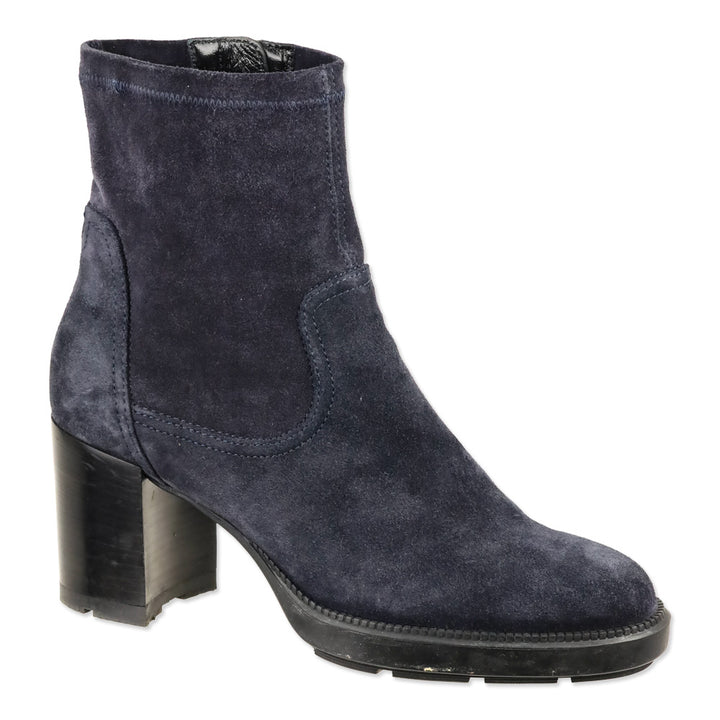 Aquatalia Idalia Navy Stretch Suede Lug Sole Heeled Booties