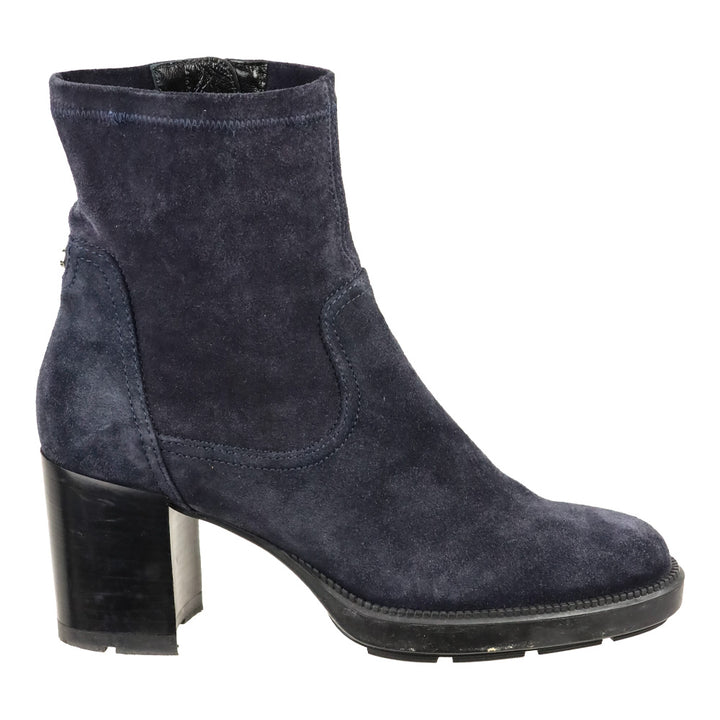 Aquatalia Idalia Navy Stretch Suede Lug Sole Heeled Booties
