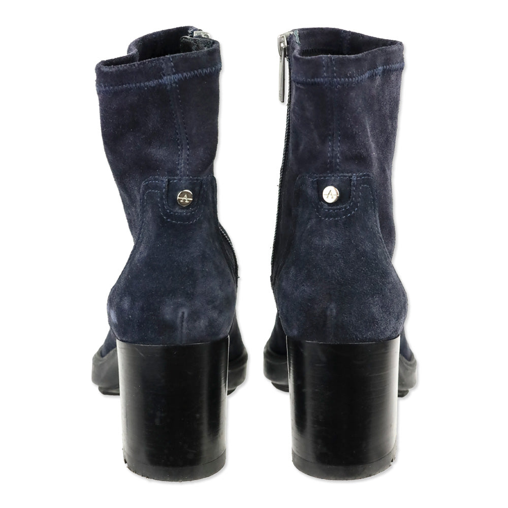 Aquatalia Idalia Navy Stretch Suede Lug Sole Heeled Booties