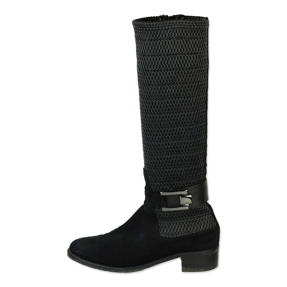 Aquatalia Odilia Black Stretch Leather and Suede Calf Riding Boots