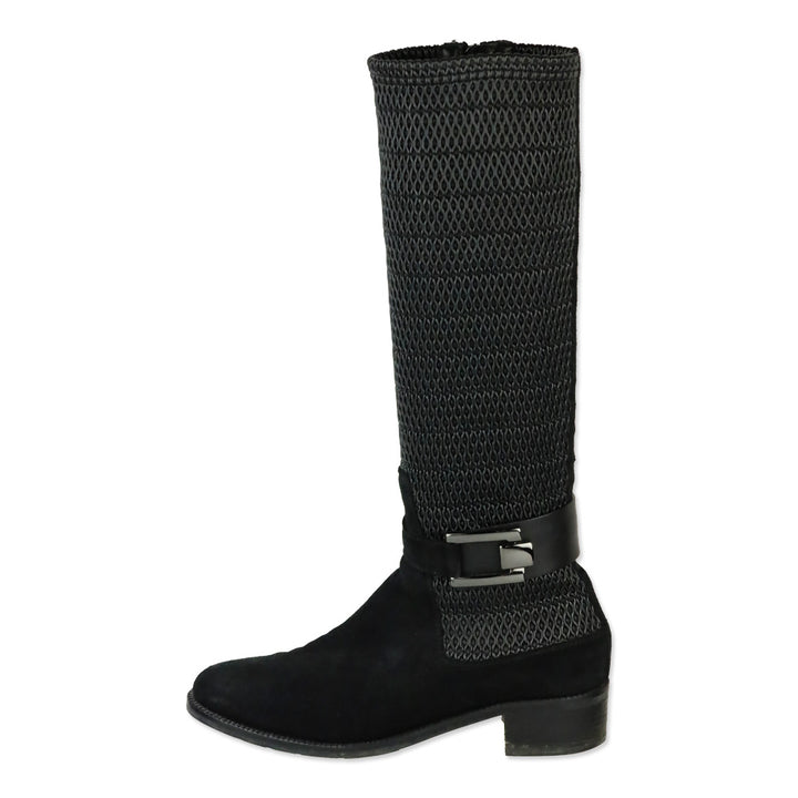 Aquatalia Odilia Black Stretch Leather and Suede Calf Riding Boots
