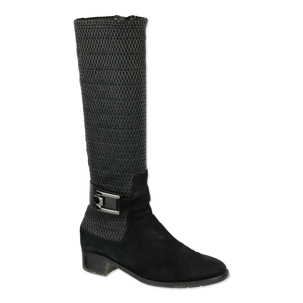 Aquatalia Odilia Black Stretch Leather and Suede Calf Riding Boots