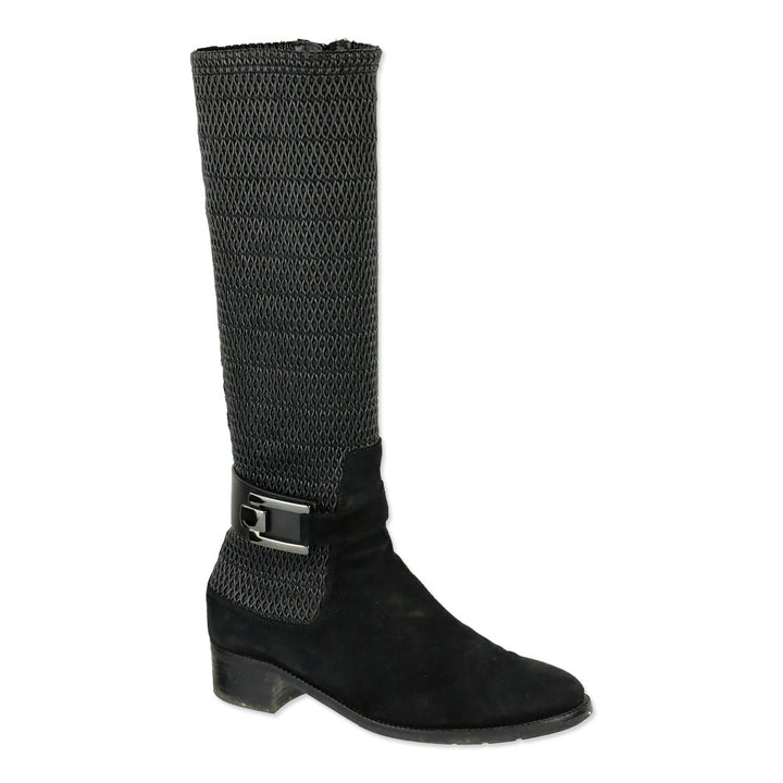 Aquatalia Odilia Black Stretch Leather and Suede Calf Riding Boots