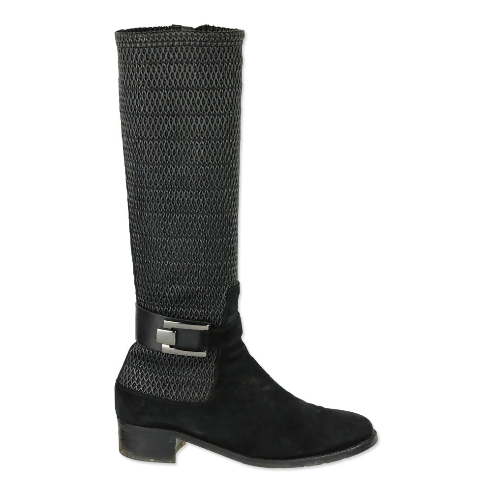 Aquatalia Odilia Black Stretch Leather and Suede Calf Riding Boots
