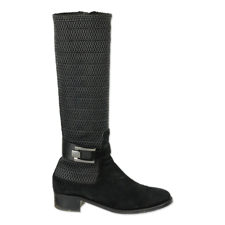 Aquatalia Odilia Black Stretch Leather and Suede Calf Riding Boots