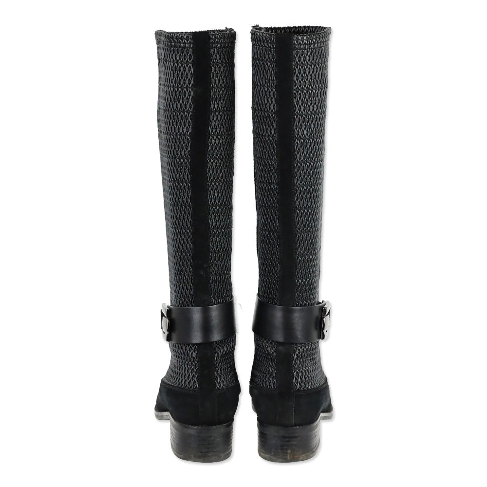 Aquatalia Odilia Black Stretch Leather and Suede Calf Riding Boots
