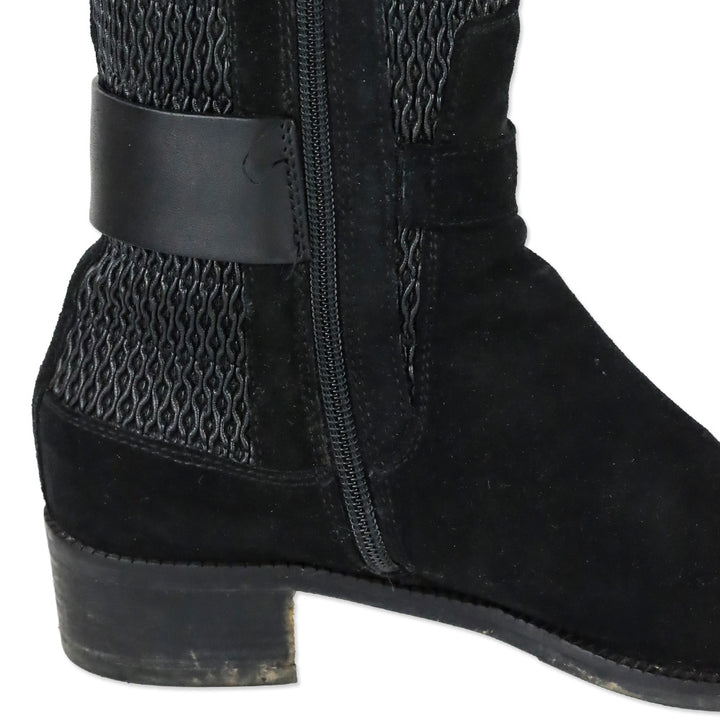 Aquatalia Odilia Black Stretch Leather and Suede Calf Riding Boots