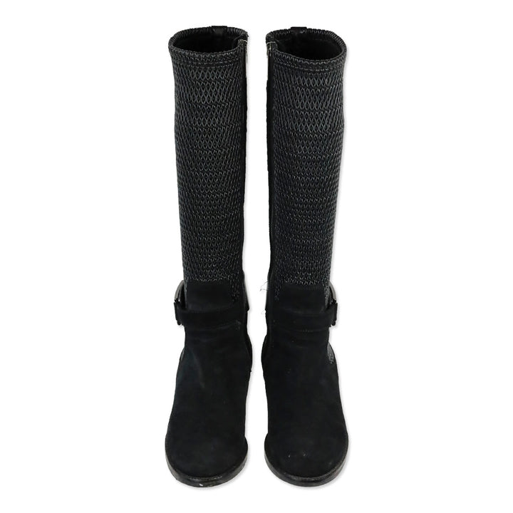 Aquatalia Odilia Black Stretch Leather and Suede Calf Riding Boots