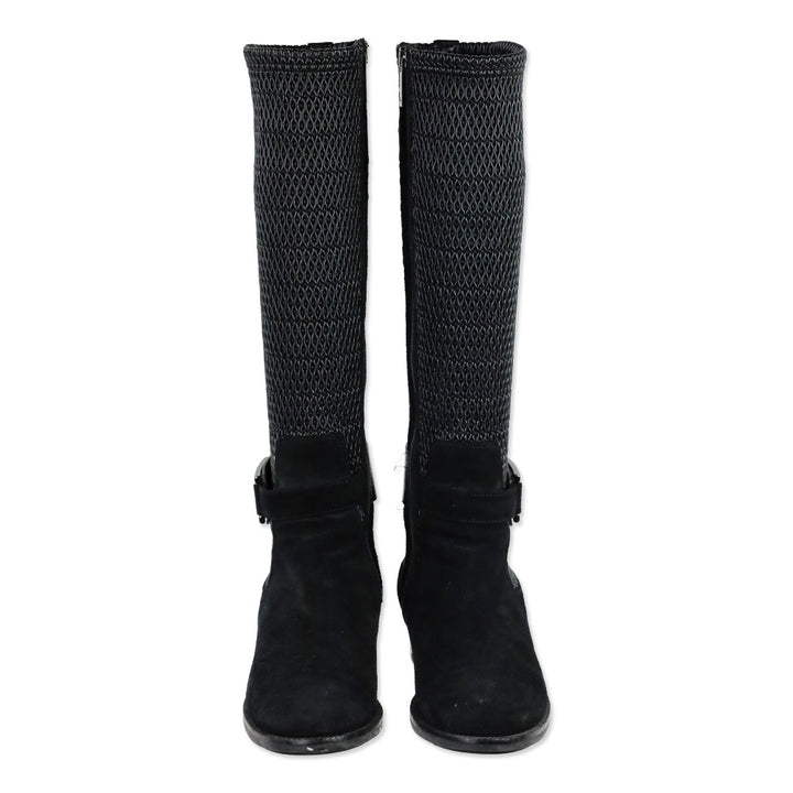Aquatalia Odilia Black Stretch Leather and Suede Calf Riding Boots