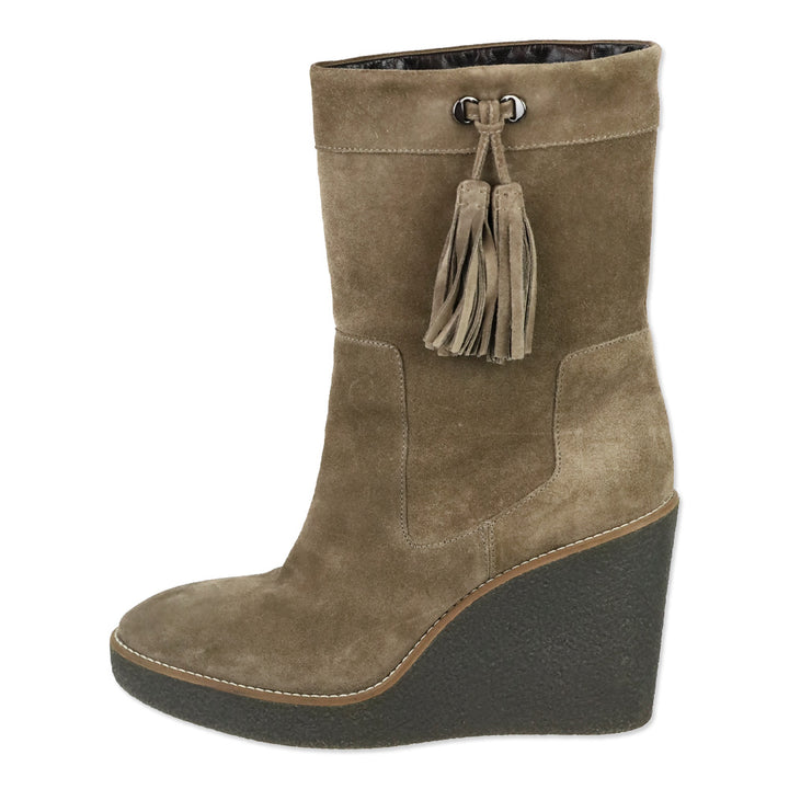 Aquatalia Viola Brown Suede Tasseled Fringe Mid Calf Wedge Boot