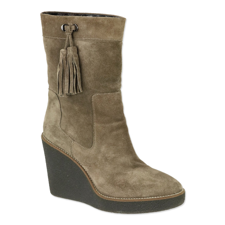 Aquatalia Viola Brown Suede Tasseled Fringe Mid Calf Wedge Boot